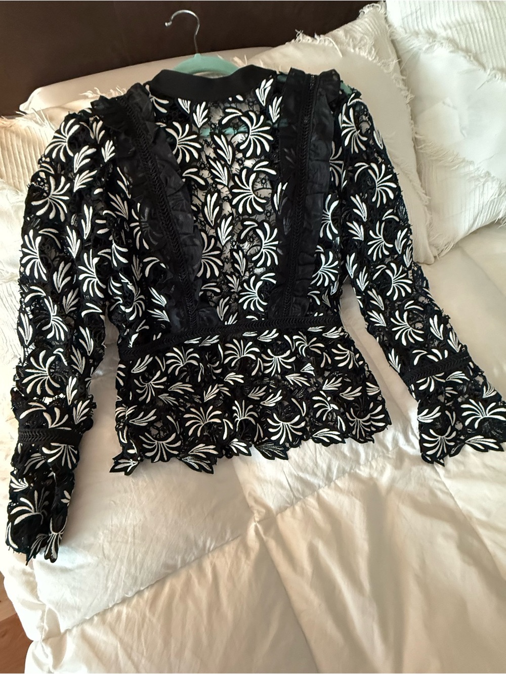 Self-Portrait Black and White Lace Peplum Blouse